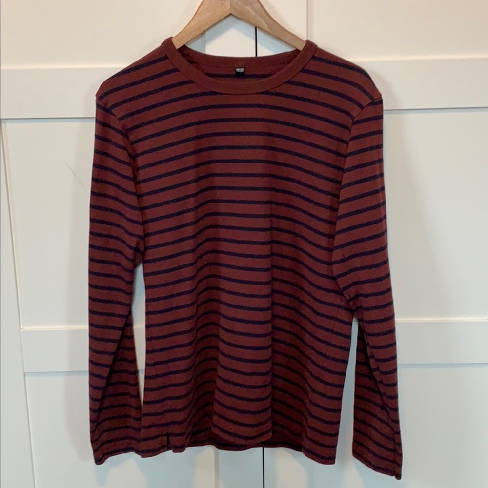 UNIQLO Men’s Striped Long Sleeve Crewneck Shirt Burgundy Navy Size M
